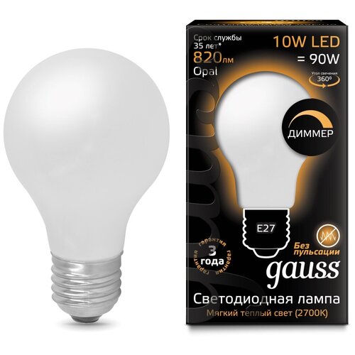    GAUSS LED Filament A60 OPAL dimmable E27 10W 820lm 2700,  360  gauss
