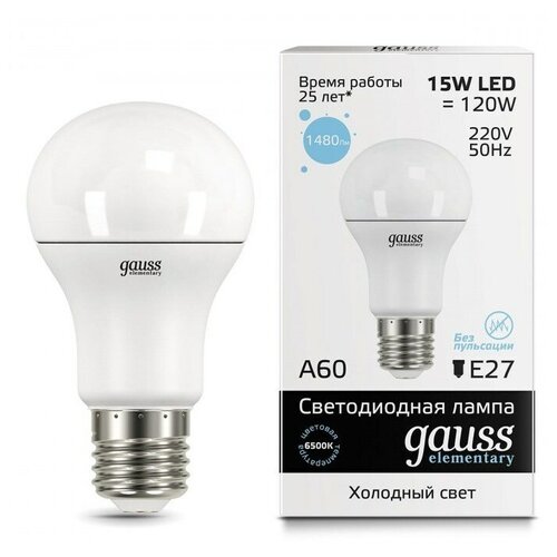    GAUSS LED Elementary A60 15W E27 6500K 1/10/50,  225  gauss