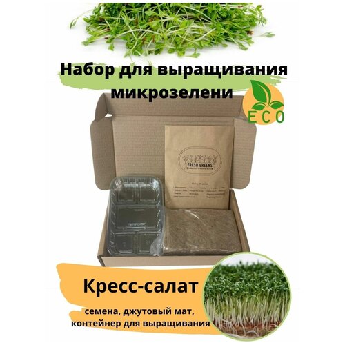 Микрозелень для выращивания Набор Кресс-салат Fresh Greens (Семена Кресс-салата, Джутовый мат, Контейнер для выращивания) 288р