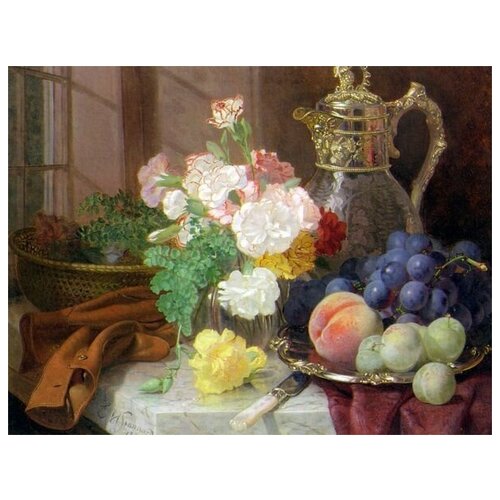 ����������� �� ������ �������� � ���������� ���� �� ��������� ������� (Carnations in a glass vase on a draped marble ledge) �������� ������ ������� 39��. x 30��. 1210�