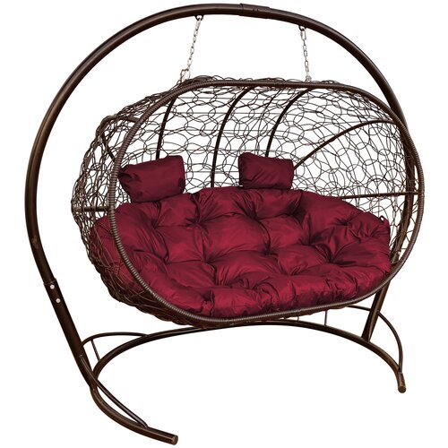 Подвесной диван лежебока с ротангом коричневый, бордовая подушка 26300р