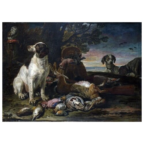        (Dead Birds and Game with Gun Dogs and a Little Owl)   56. x 40. 1870