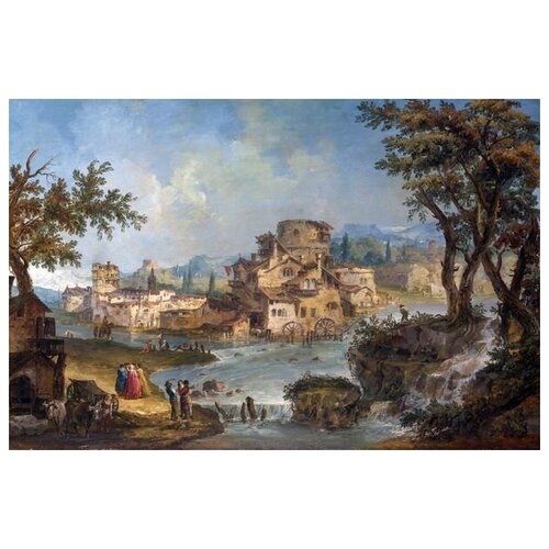         (Buildings and Figures near a River with Rapids)   60. x 40. 1950